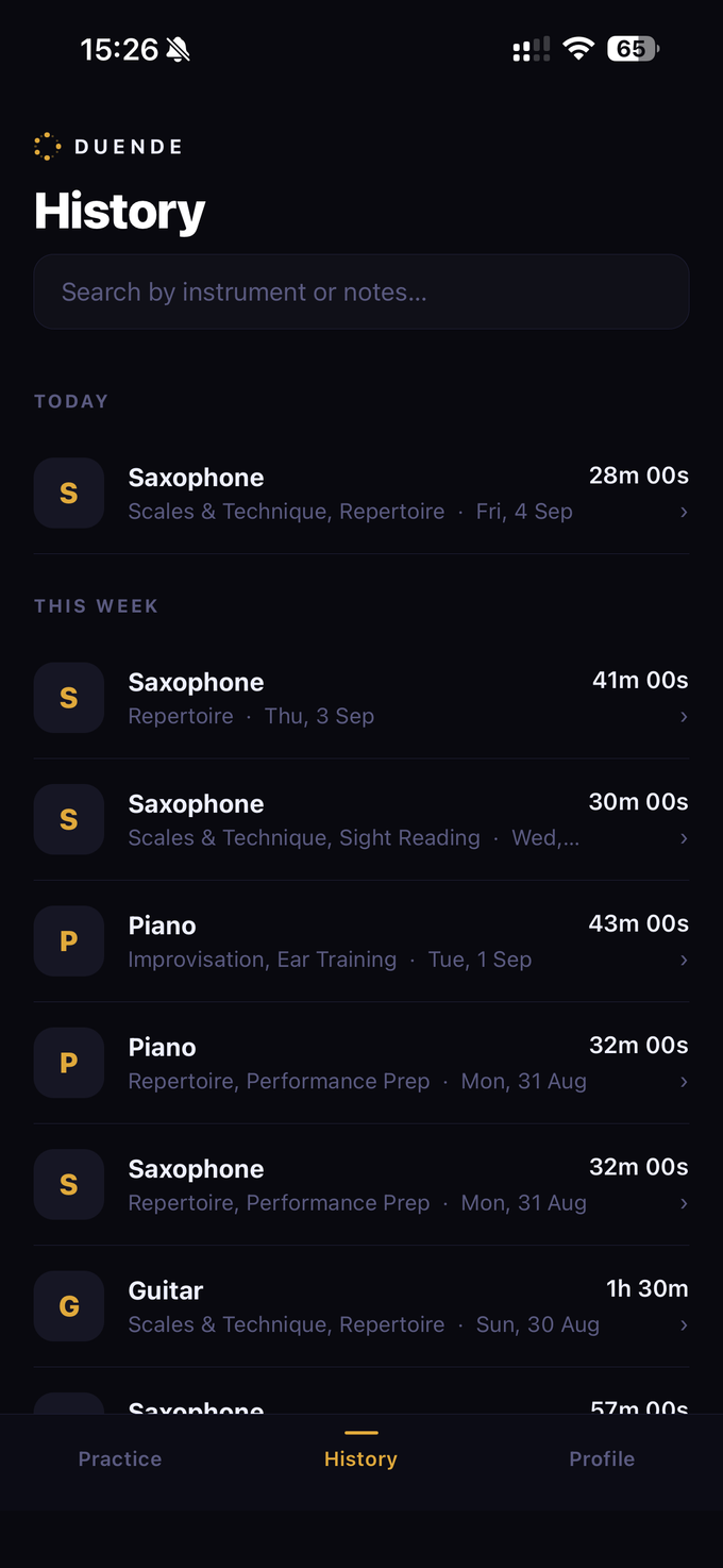 The Duende history screen, listing recent sessions by instrument with their focus tags, date and duration.